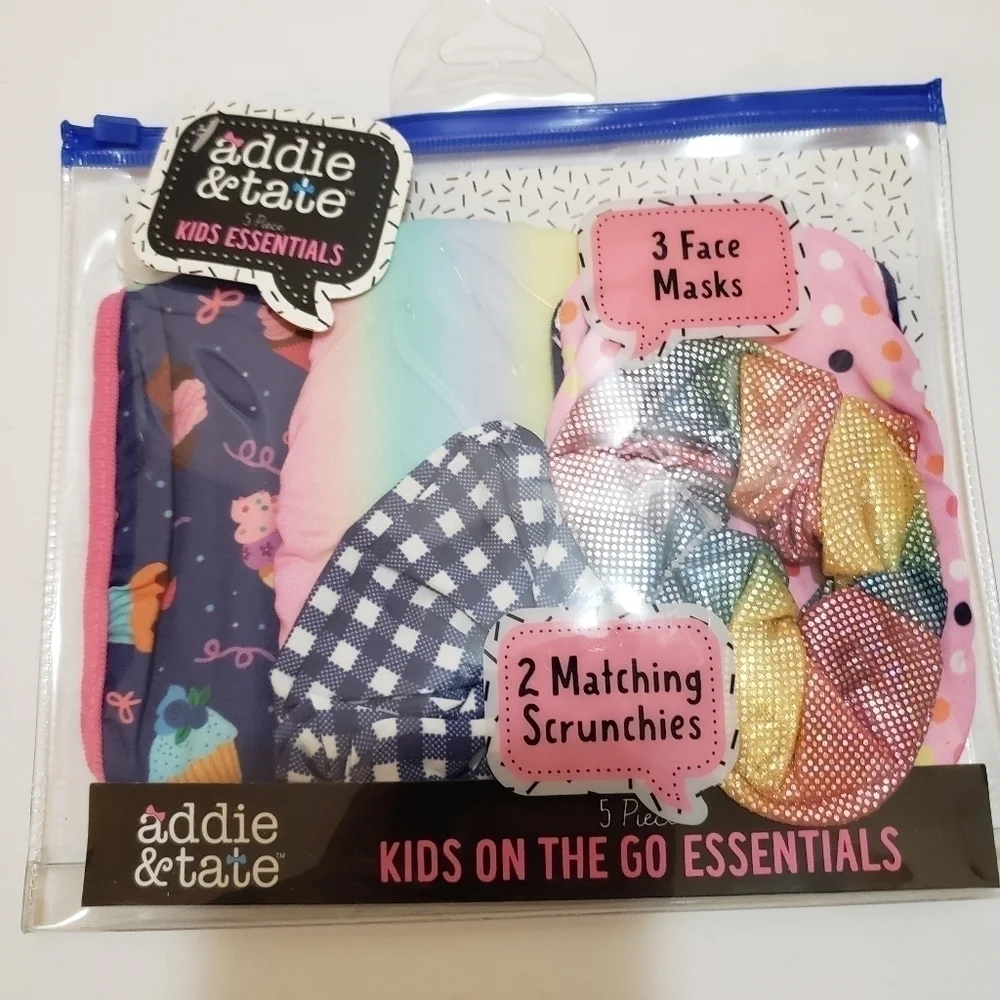 New Kids Face Masks and Scrunchie Set NWT 5 piece set Rainbow Cupcake Pink Blue